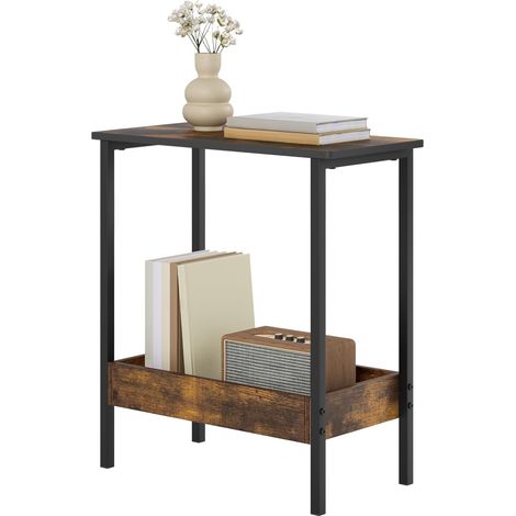 WOLTU Mesa de centro de 2 niveles para sala de estar, mesita de noche moderna, mesa de sofá para sala de estar, aglomerado y estructura de metal, marrón rústico y negro, 50 x 25 x 55 cm