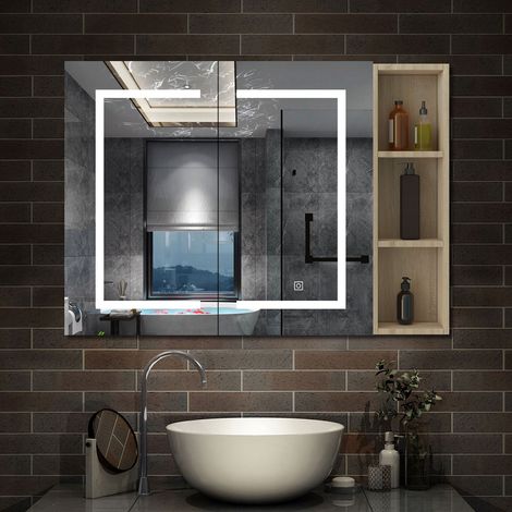 AICA Armoire murale de salle de bain LED, 80x70cm avec Prise Rasoir+Anti-Buée + Tricolore + Dimmable +armoire latérale, Chêne (1/5)