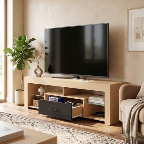 Mueble TV de 140 cm para televisores hasta 65 pulgadas con baldas de vidrio ajustables, roble (1/5)