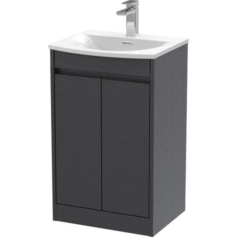 Chartley Contemporary Floor Standing 2 Door Vanity Basin Unit, Curved Basin, 500mm, Woodgrain Graphite Grey (1/4)