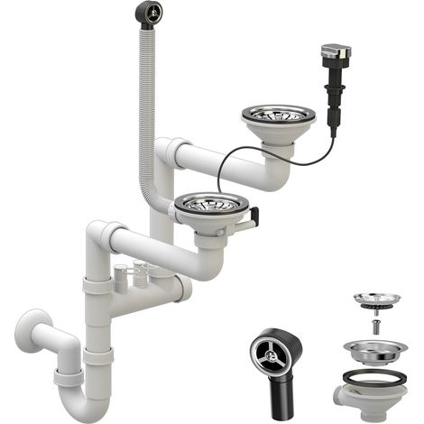 Granitan – Siphon automatique mural à double compartiment – PVC et acier inoxydable – Drain 115 mm avec bouchon anti-débordement – Compatible lave-vaisselle
