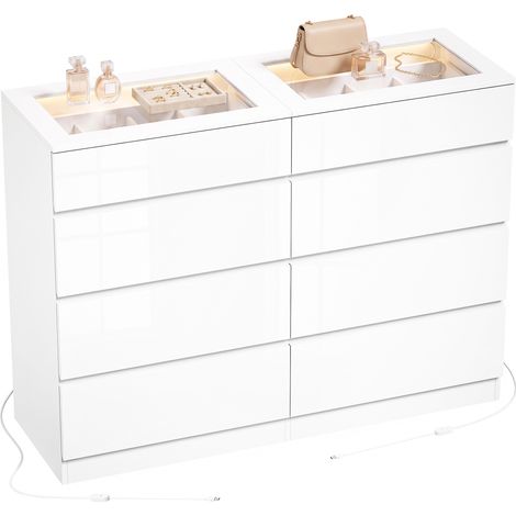 HOMCOM cómoda con joyero, luces LED RGB y 8 cajones, cajonera dormitorio, encimera de vidrio templado y control por app, 120x40x80 cm, blanco brillo (1/5)