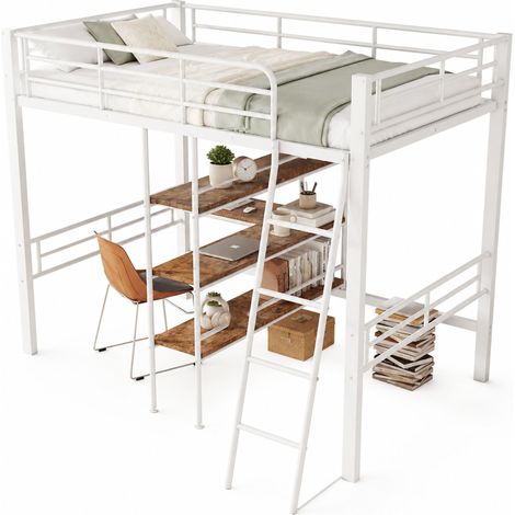 Lit mezzanine 90x200 cm avec bureau, étagères et échelle en métal blanc, sans matelas, pour chambre enfant, sécurité et rangement, gain de place, CHICFURN (1/5)