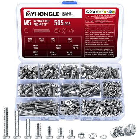 505 Pcs Vis et écrous Set, M5 Vis Boulon et écrous et Rondelles Kit, Boulons Vis à Tête Hexagonale, Vis Boulons Hexagonaux pour Réparation de Vélo Moto Auto Machine(M5) (1/5)