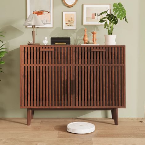 Commode avec 2 Tiroirs et 2 Portes en Bois Massif Poignées et Pieds Robustes Buffet Armoire de Rangement 100 x 35 x 80 cm pour Chambre Bureau Salon Entrée (Noyer) (1/5)