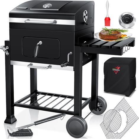 KESSER® BBQ Smoker XL Carrello per Barbecue a Carbone con Coperchio, Ruote, Maniglia in Acciaio Inox, Termometro, Griglia, Spazzola, Coperchio, 8 Spiedini con Sacchetto e Spazzola in Silicone