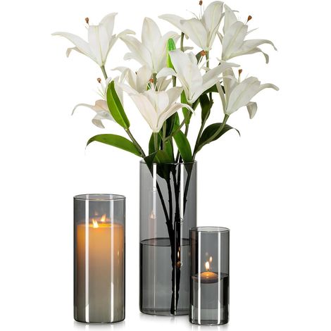 Grand Vase en Verre Gris : 3pcs Vases Cylindriques Modernes pour Salon DéCorations De Table Centrepiece - Vases Ouragan pour DéCoration Roses Tulipes Pampas Bougeoirs DéCoratifs (15/20/25cm) (1/5)