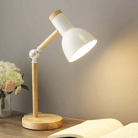 Lampe de table design bois blanc moderne, lampe bureau LED E27, éclairage salon déco, pied en bois blanc (1/5)