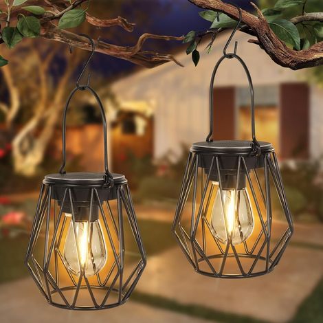 Lampe Solaire Exterieur Jardin lot de 2 - Lumière Solaire Exterieur Vintage - Deco Jardin Exterieur en métal étanches IP65 - Lanterne Exterieur pour Terrasse Cour Porche (1/5)