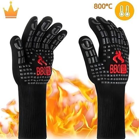 (Schwarz) 1 Paar hitzebeständige Grillhandschuhe bis 800 °C, universelle hitzebeständige Küchenhandschuhe zum Grillen und Barbecue (1/5)