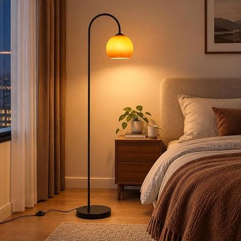 Lampadaire Arqué E27 Noir Lampe sur Pied avec Verre Ambré (1/5)