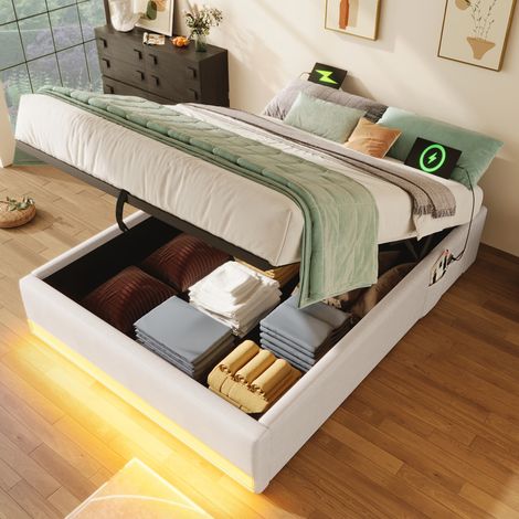 lit adulte rangement 90x200 lin beige USB Type C LED HAVRYA (1/5)