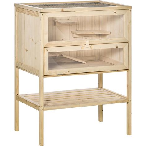 Cage en bois pour hamster naturelle avec 5 plateformes, rampe et toit à charnières, 60x40x80 cm, design naturel spacieux