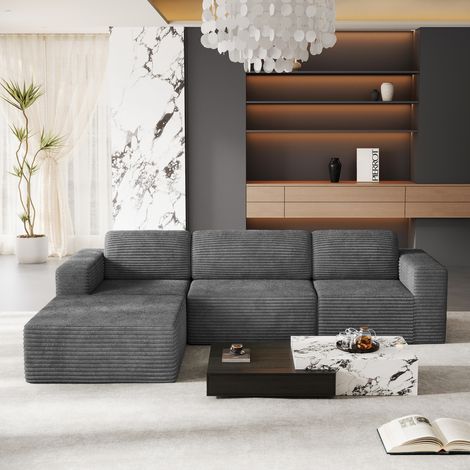 Canapé d'angle Modulaire 3 Places Velours Côtelé,Canapé Compressé avec 3 coussins,1 Pouf,Sans Assemblage,303x202x82cm,Gris