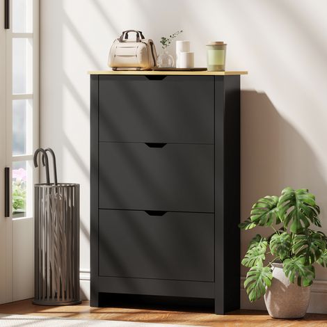 Meuble à chaussures à 3 portes battantes, 2 compartiments, en panneaux de particules de chêne noir (1/5)