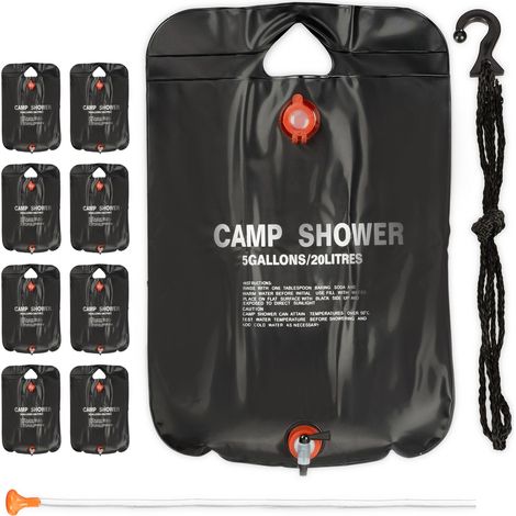 Relaxdays Set de nueve duchas de camping, 20 L, Ducha solar para colgar, Plegable, Ducha de mano, Portátil, Negro