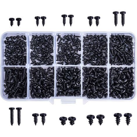 500Pcs Kit d'Assortiment de Vis Autotaraudeuses à Tête Ronde en Acier Au Carbone, 10 Taille Noir à Tête Fraisée à Empreinte Cruciforme Vis Avec Boîte De Rangement Pour Bois Plastique, Métal Mou (1/5)