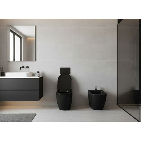 Paire de Sanitaires Bent Rimless – Cuvette + Bidet Mural au Sol Noir Mat – Sans Bride, Abattant Soft-Close (1/4)