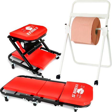 Chariot de Visite BM TOOLS Mécanicien Convertible en Siège Tabouret d'Atelier - Garagiste / 2 en 1 - avec Dévidoir de papier