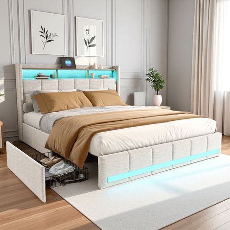 Dans Les Nuages – Lit 140x190 cm avec 4 tiroirs – Éclairage LED réglable – Ports USB et Type-C – Tissu lin respirant – Capacité 350 kg