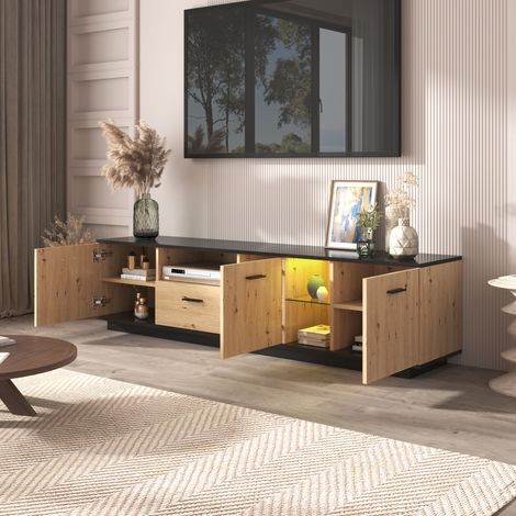 Modernluxe – Meuble TV 180cm avec LED – 1 tiroir – 3 portes – 2 compartiments – Panneaux de particules haute qualité – Ambiance moderne