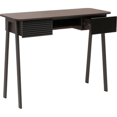 Console bureau 2 tiroirs et compartiment ouvert façades structurées 88x110x40 cm en MDF mélaminé finition noyer et métal 040009202 (1/5)