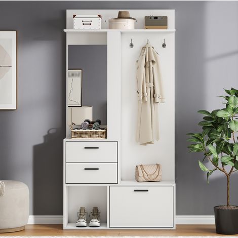 Porte-manteau vestiaire en MDF blanc avec 3 crochets, 90 x 30 x 180 cm, miroir plein pied, 2 tiroirs, meuble à chaussures (1/5)