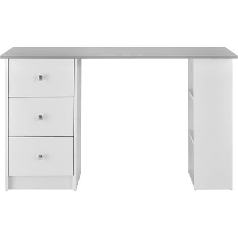 Bureau table de bureau poste de travail informatique avec 3 tiroirs bois mélaminé 120 cm blanc et gris (1/4)