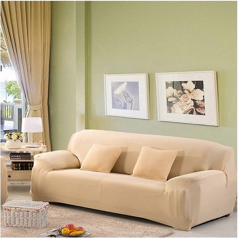 Housse d'accoudoir de canapé extensible double, polyester, couleur unie, blanc cassé, 135 cm x 170 cm. (1/5)