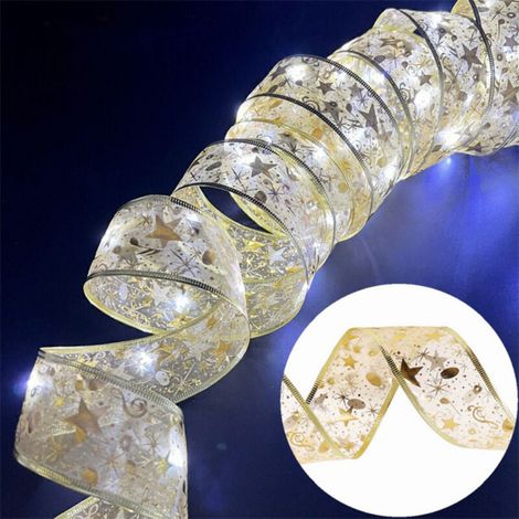 Guirlande lumineuse de Noël, ruban brillant, LED de 2 m, décorations de sapin de Noël, nœud en dentelle, décorations de sapin de Noël DIY, décorations de Noël intérieures et extérieures, dorées, lumiè