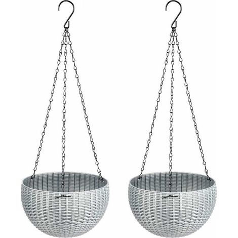 Set aus 2 mittelgroßen silbergrauen Hydrokultur-Hängekörben in Rattan-Imitation, für vertikale Gärten oder Balkone. (1/5)