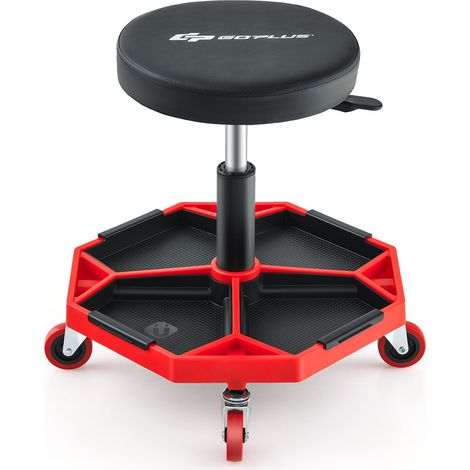 Tabouret de mécanicien roulant rouge, 150 kg, avec siège réglable en similicuir et plateau à outils, pour garage et atelier (1/5)