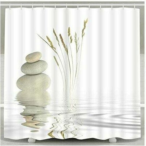 Rideau de douche avec motif de pierre zen et reflets d'herbes sauvages dans l'eau, comprenant 12 crochets, design méditation, matériau imperméable - Crezuo (1/4)