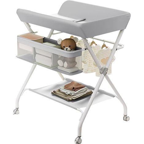 Table à langer pliante bébé avec roulettes – Structure fer robuste – Sécurité et ergonomie – Poches latérales et panier de rangement (1/5)