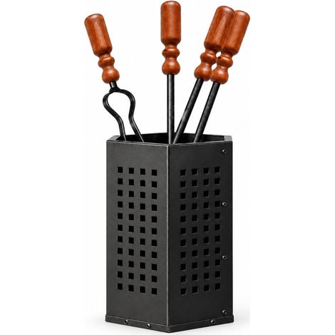 MAKA Set 4 Attrezzi per Camino con Manici in Legno e Box Portattrezzi Nero (1/5)