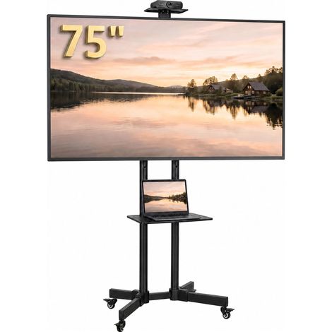 Support TV - chariot TV - HOMCOM - roulettes pour écran 32-75 pouces hauteur inclinaison réglables - métal - 76x56x187,5cm - noir (1/5)