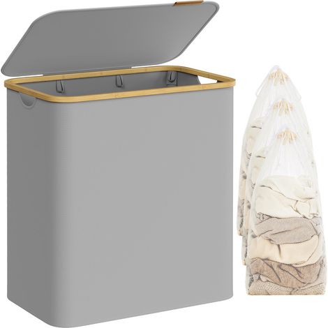 Songmics – Panier à linge pliable 150L – 3 compartiments – Tissu Oxford 600D résistant à l'eau – Dimensions 60 x 38,5 x 70,5 cm – Poignées en bambou