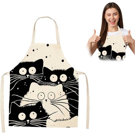 Grembiule impermeabile, 50 x 70 cm, in lino, grembiule elegante per donna, grembiule a forma di gatto, ideale per cucine, bar, barbecue e ristoranti.