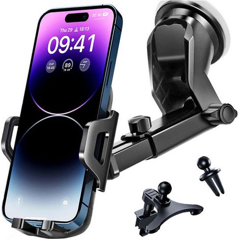Supporto per telefono da auto Alogy 3 in 1 per auto, parabrezza, griglia, cruscotto, abitacolo, nero (1/4)