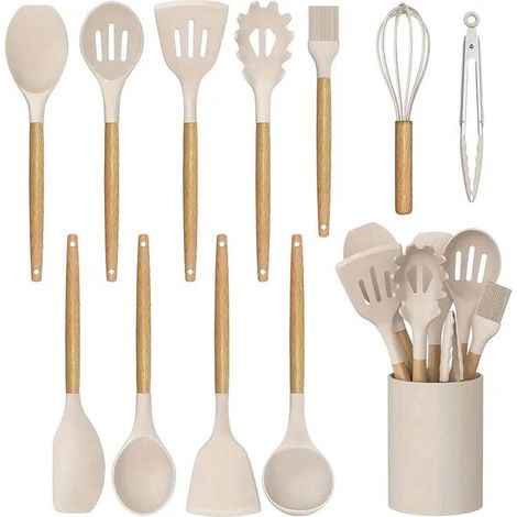 Juego de 12 utensilios de cocina de silicona antiadherente con mangos de madera Utensilios de cocina resistentes al calor, incluye caja de almacenamiento Resistente a los arañazos (1/5)