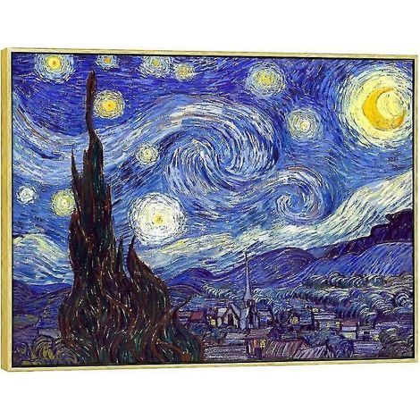Reproduction sur toile avec cadre doré : La Nuit étoilée de Vincent van Gogh – reproduction d'une peinture de style post-impressionniste pour la décoration du salon (1/4)