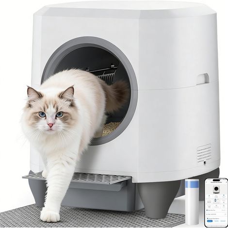 Litière chat autonettoyante capacité maximale de 80L, bac à litière pour chat alerte intelligente via contrôle app, surveillance santé, capteur infrarouge, adapté à de nombreux types de litière