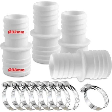 Lot de 4 raccords pour Tuyau Piscine, Raccord de Tuyau avec Colliers de Serrage, Ø 32 mm vers 38 mm de diamètre avec 8 Colliers de Serrage, Adaptateur de Tuyau de Piscine, Adaptateurs de (1/5)