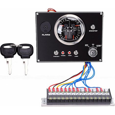 12V Marine-Armaturenbrett, 4-in-1 Multifunktionsanzeige, Ölstand, Druck, Wassertemperatur, Spannungsbalken (°C) mit Tasten für Boote, Yachten, Wohnmobile (Schwarzes Zifferblatt, Schwarze Abdeckung) (1/5)