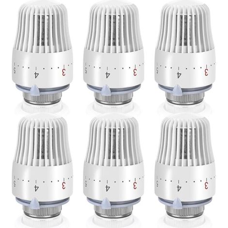 Válvula termostática para radiador: 6 cabezales termostáticos, termostato para radiador, termostato M30 x 1,5, blanco (1/5)
