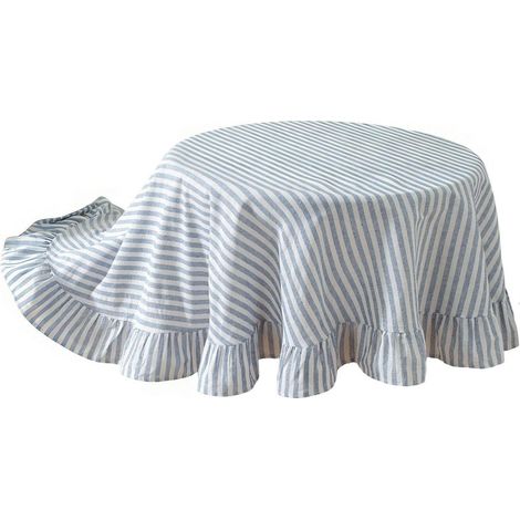 Nappe en lin avec effet lotus, rayée bleu et blanc, 140x140 cm, facile d'entretien