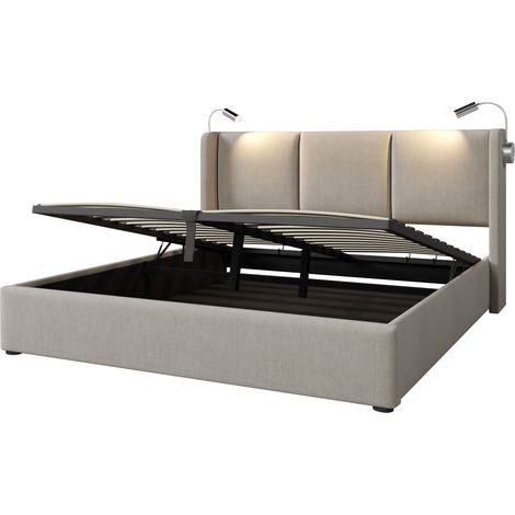 Cama doble tapizada 140x200 con almacenaje, luz LED de lectura y puerto USB, beige (1/5)