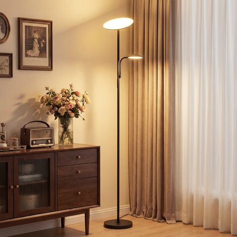 Lámpara de pie moderna con 2 luces, iluminación ajustable en 4 niveles, temperatura de color de 2700K a 6500K, lámpara de salón con mando a distancia y controles táctiles, color negro.
