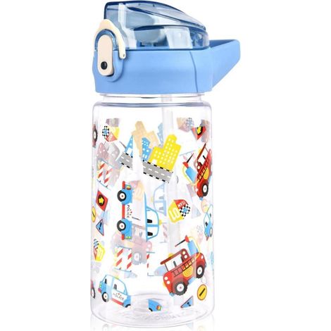 Kinder Trinkflasche 500ml mit Strohhalm, BPA-frei, auslaufsicher, blaues Auto (1/5)