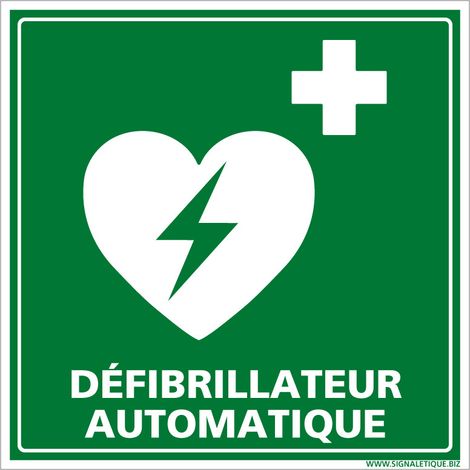 Panneau de signalisation défibrillateur automatique ISO 7010 - Évacuation et secours - Adhésif 125x125 mm, conforme aux normes de signalisation DAE (1/5)
